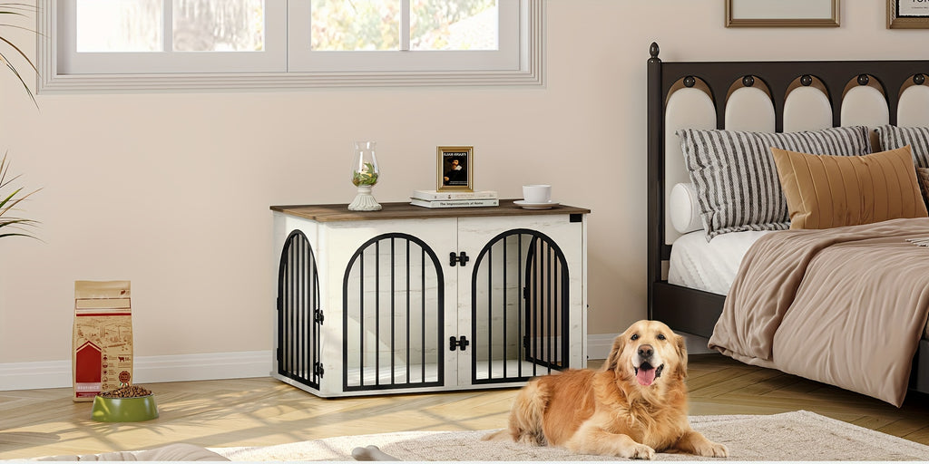 39.4'' Dog Crate Furniture - Dog Kennel Indoor Arched Door Design, Wooden Dog Crate Furniture For Small/Medium/Large Dog, Side Table, TV Stand, Anti-Chew, Anti-Escape - Rustic Brown, Black Gold, Greige Black, White Brown - For Dog Owners - Provides Safe &