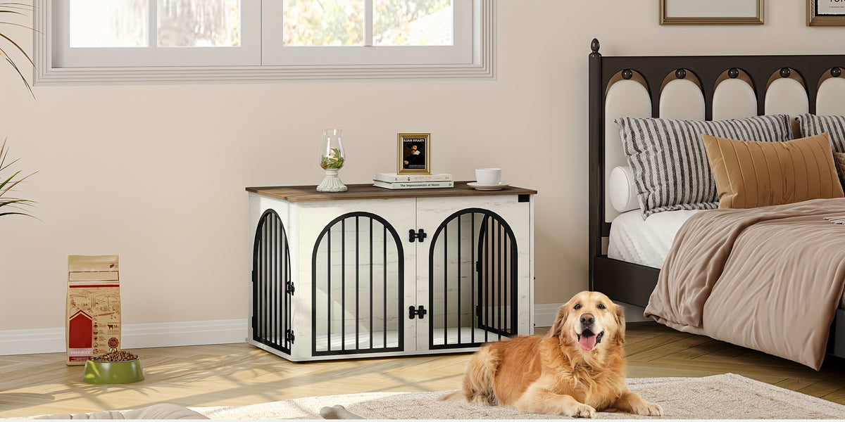 39.4'' Dog Crate Furniture - Dog Kennel Indoor Arched Door Design, Wooden Dog Crate Furniture For Small/Medium/Large Dog, Side Table, TV Stand, Anti-Chew, Anti-Escape - Rustic Brown, Black Gold, Greige Black, White Brown - For Dog Owners - Provides Safe &