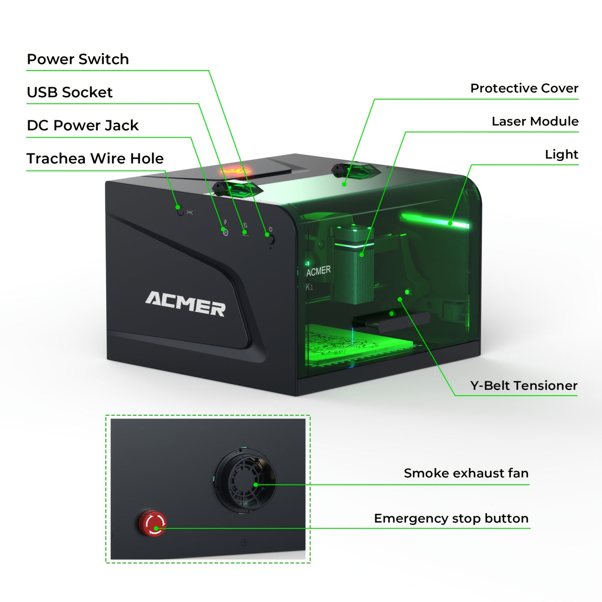 ACMER K1 Laser Engraver: A 2500mW Desktop Laser Engraving Machine With A 150×150mm Working Area And A 0.08mm Fine Engraving Spot. This Compact Laser Cutter Is Ideal For Wood, Plywood, And Acrylic Materials, Meeting The Needs Of Crafters And Small Bu