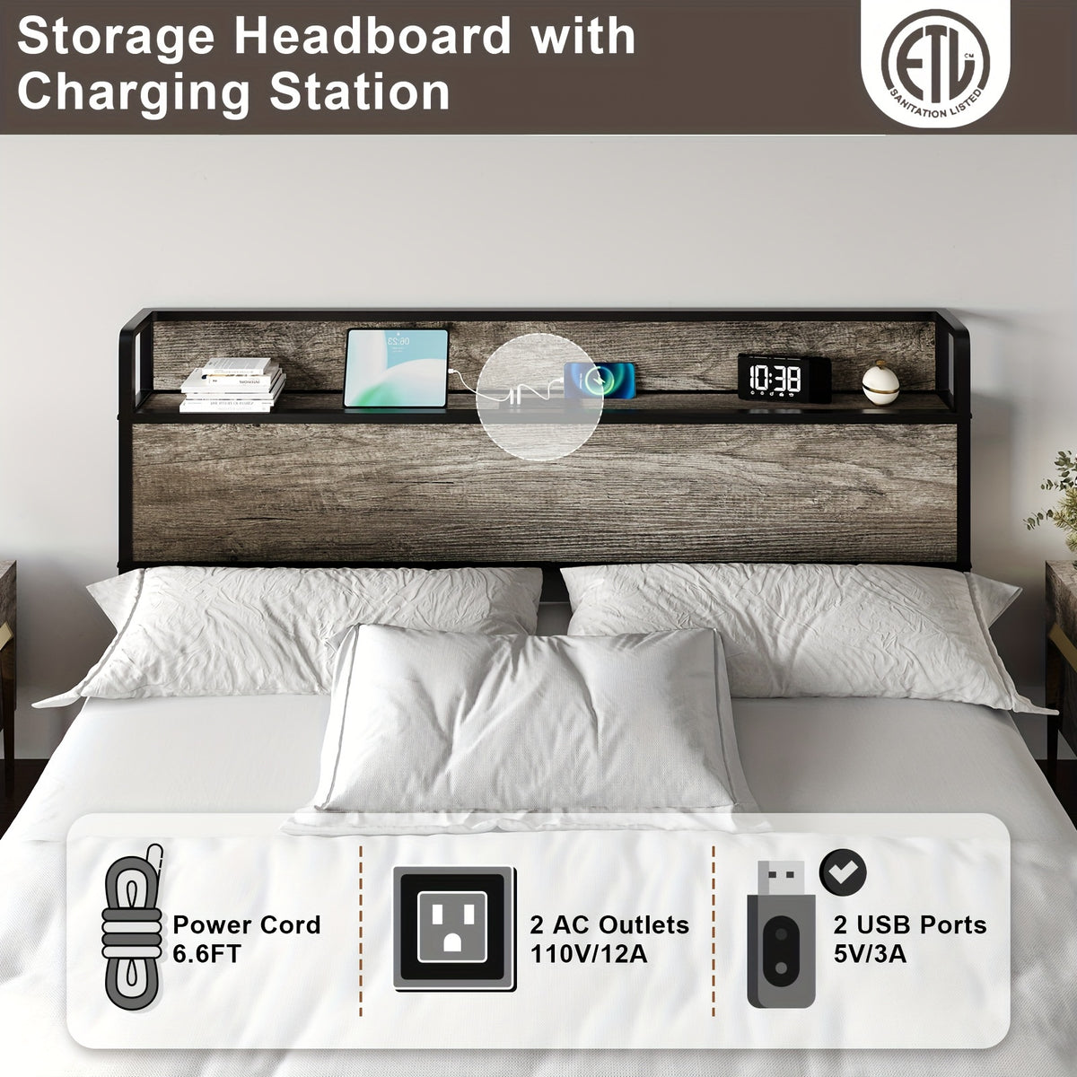 Lift Up Storage Bed Frame, Wooden Platform Bed Frame with Lifting Storage & Charging Station, No Spring Box Needed/Noise Free
