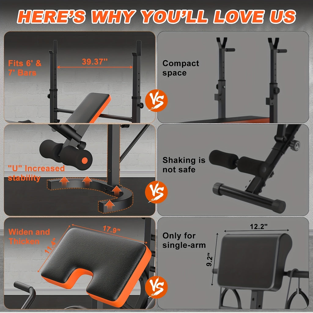 6-In-1 Heavy Duty Weight Bench Set with Adjustable Squat Rack, Leg Developer, And Preacher Curl Pad | Professional & Foldable for Full Body Workout | 600Lbs Capacity for Strength Training