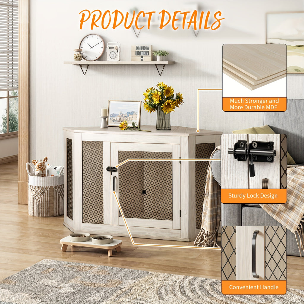 [Wooden Dog Kennel Furniture] Corner Dog Crate Furniture, 44/52Inch Wooden Dog Kennel Furniture with Mesh, Decorative Wood Dog House for Indoor Use, Dog Crate for Small/Medium Dog, Perfect for Limited Room