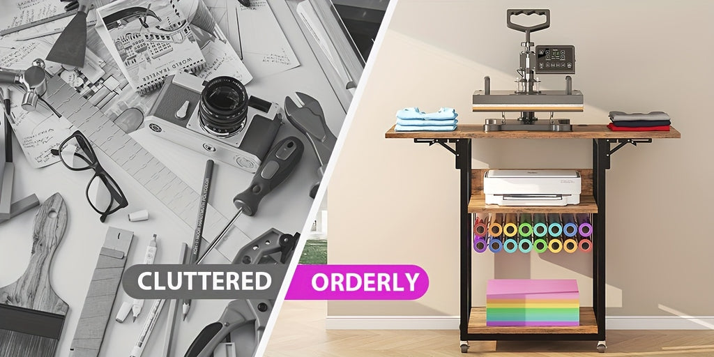 Foldable Heat Press Table, 3 Tier Movable Heat Press Stand With Vinyl Roll Holder, Heavy Duty Metal Shelf Cart For DIY Sublimation Transfer Machine And Printer, Brown