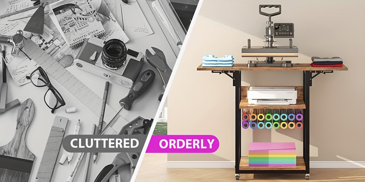 Foldable Heat Press Table, 3 Tier Movable Heat Press Stand With Vinyl Roll Holder, Heavy Duty Metal Shelf Cart For DIY Sublimation Transfer Machine And Printer, Brown