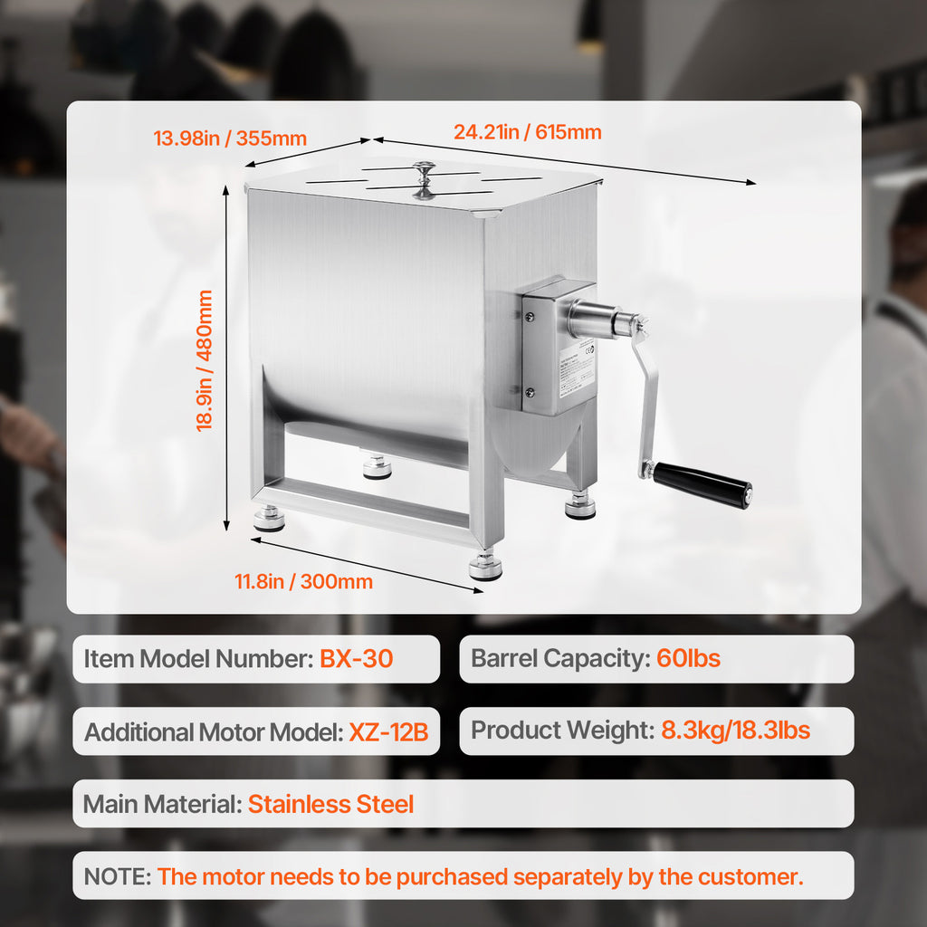 VEVOR Manual Meat Mixer 10L/20L/30L/40L Fixed Tank Mixing Max 60LB for Meat Sausage Mixer, Non-tiltable style/Tiltable style