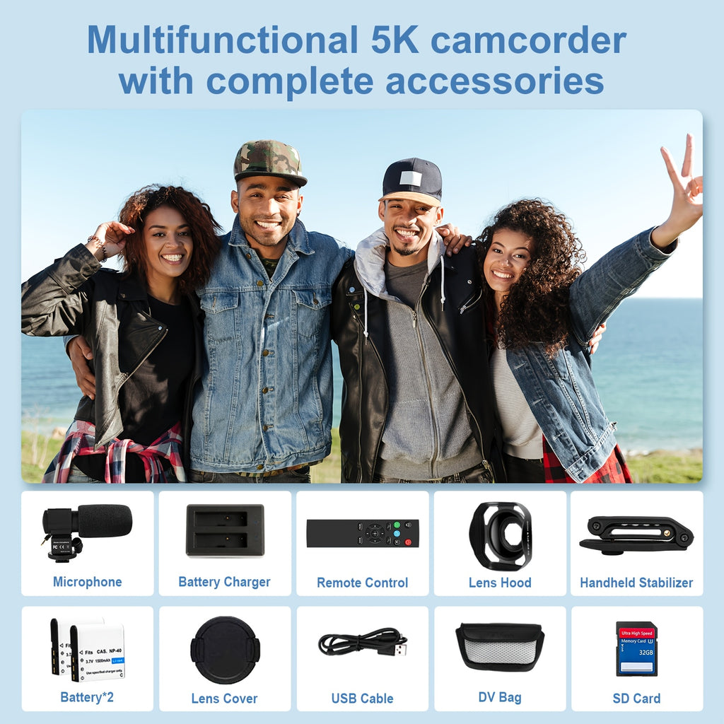 DINGETU 5K Video Camera Camcorder, 64MP WiFi Vlogging Camera for YouTube with IR Night Vision, 18X Digital Zoom, 3" Touch Screen, Webcam, Microphone, Remote Control & 2 Batteries