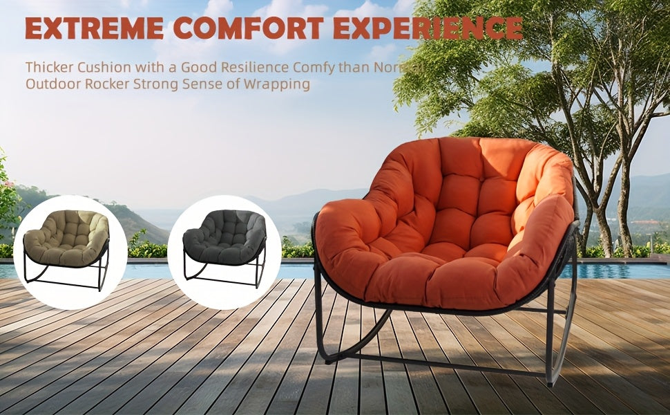 Papasan Rocking Chair Outdoor, All Weather Wicker Papasan Patio Chair with Cushion And Pillow, Heavy Duty Metal Oversized Papasan Rocker Egg Chair for Garden, Patio