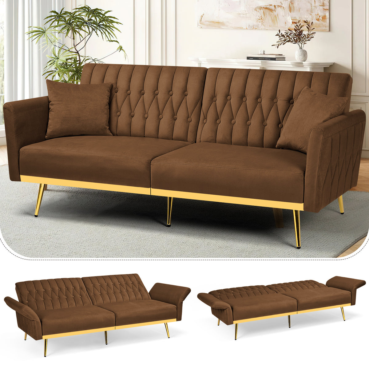 ACMEASE 70-Inch Velvet Convertible Sofa Bed with 2 Pillows, Adjustable Backrest And Armrest Tufted Sleeper Sofa with Golden Metal Legs for Living Room
