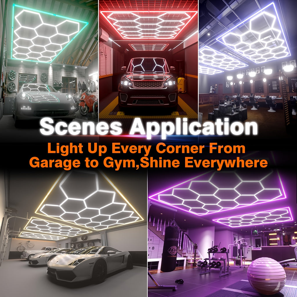 High-brightness LED Garage Light. Hexagonal Honeycomb Garage Light, Barber Shop Ceiling Light, Modern Design, Single Tube 850 Lumens, Framed LED Light Total 58650 Lumens