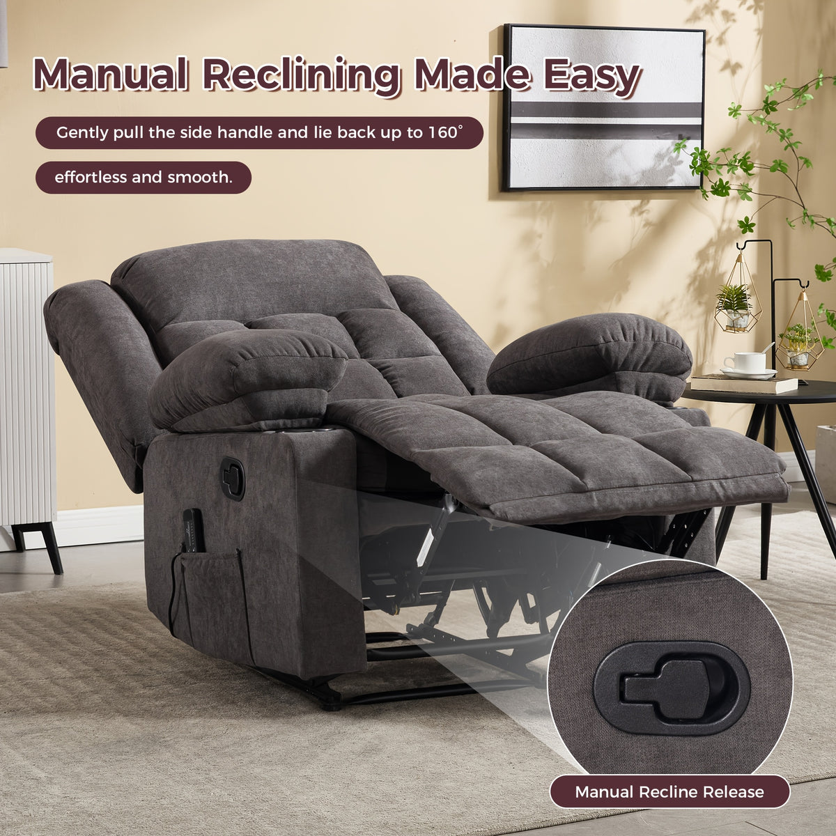 Manual Recliner Chair with Massage And Heat Ergonomic Overstuffed Breathable Fabric Reclining Chair with 2 Side Pockets, 2 Cup Holders, Remote Control, for Game & Recreation Room Furniture