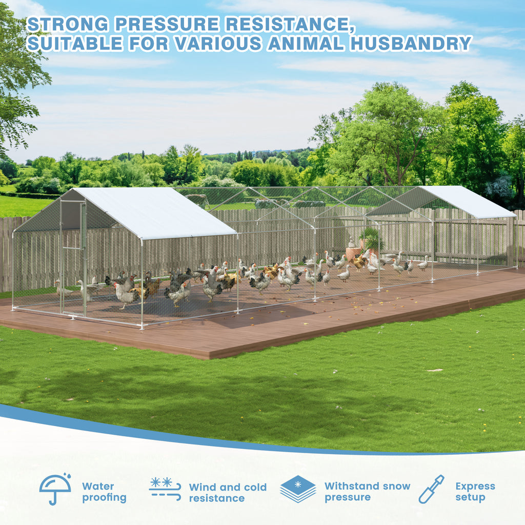 Walk-In Chicken Run with Feeding Port and UV-Resistant Cover, Galvanized Outdoor Poultry Enclosure