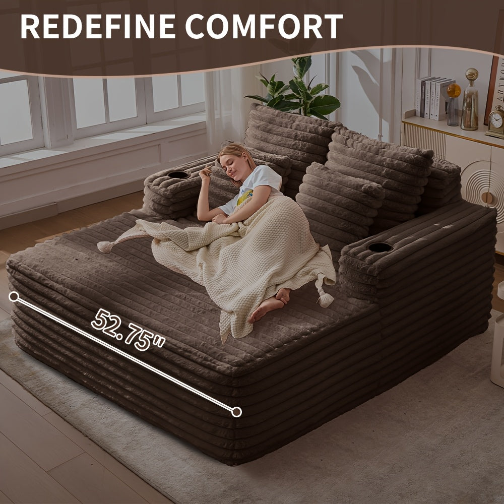 57" Oversized Frameless Floor Sofa, with Cup Holder, Plush Cushioned Lounger with Deep Seat for Living Room & Apartment