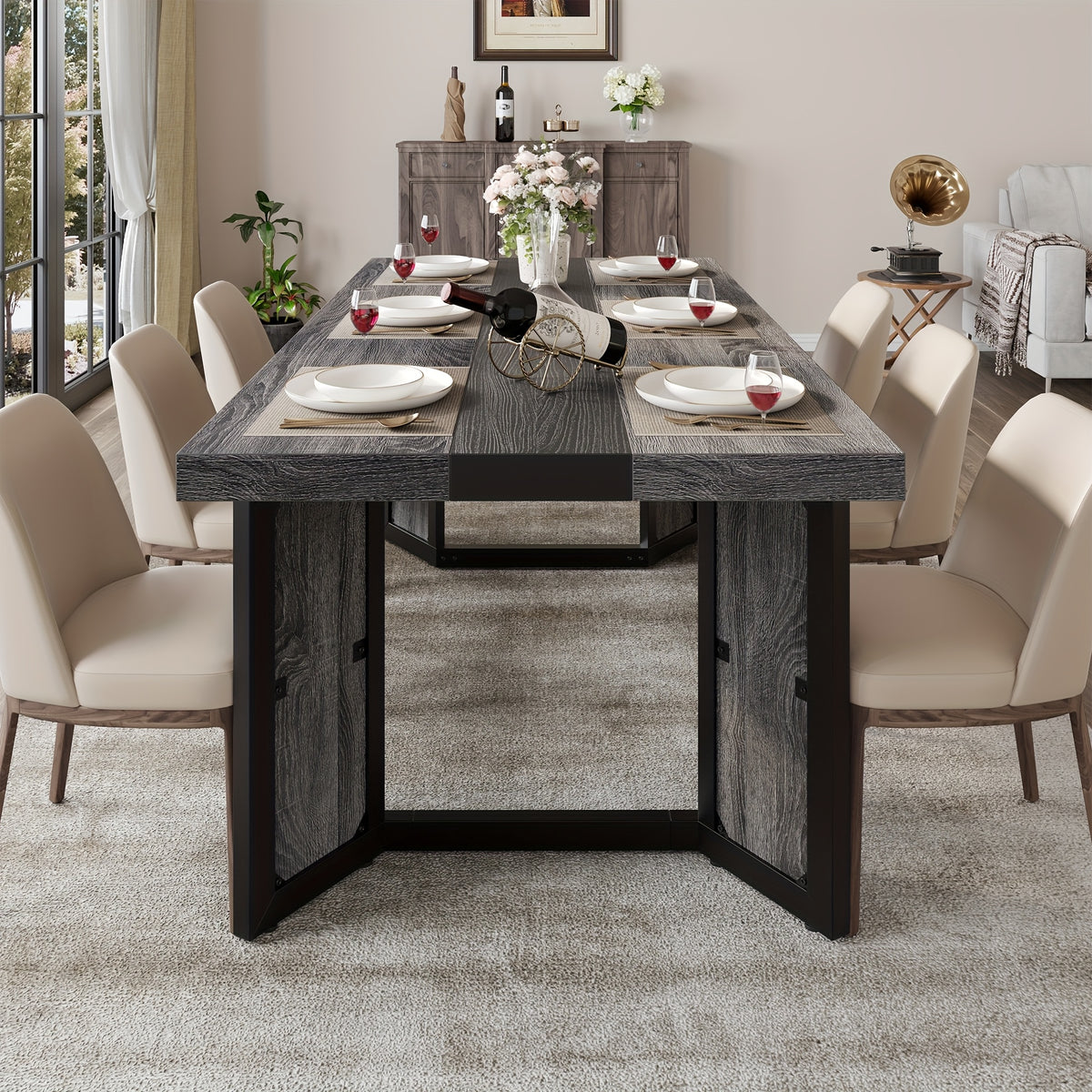 A Spacious Industrial Dining Table Designed for 6 to 8 Individuals, Measuring 71 Inches, Featuring a Robust Metal Frame And a Rustic Brown End, Perfect for Dining Rooms, Kitchens, Or Living Areas
