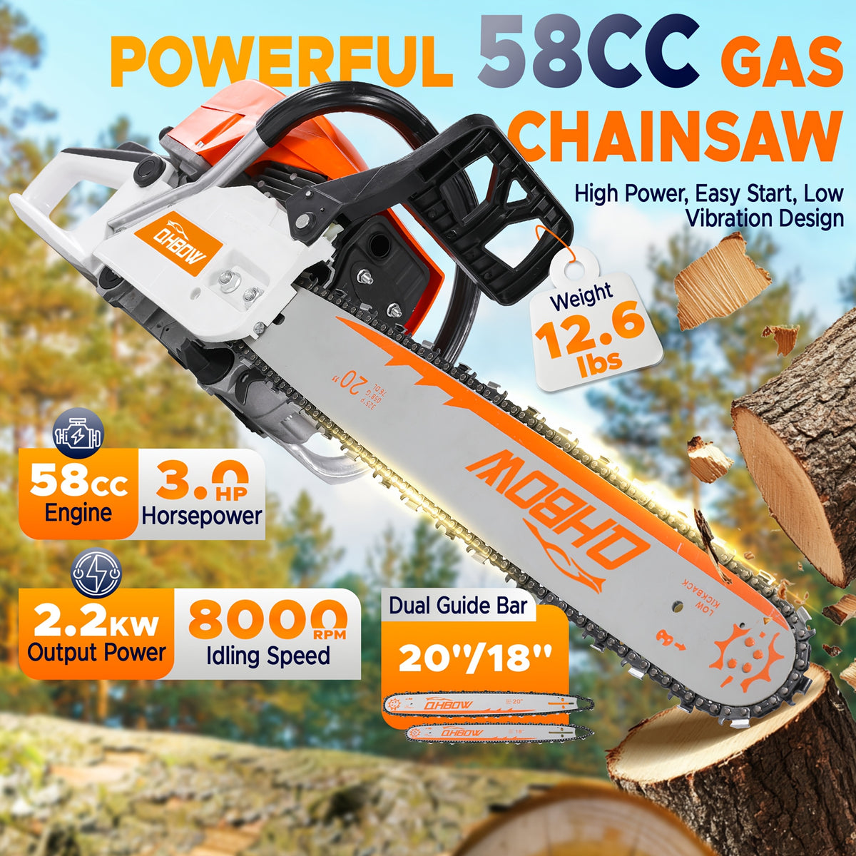 58Cc 2-Stroke Gasoline Chainsaw, Featuring Dual Quick-Switch Bars of 20 Inches And 18 Inches, a Portable Cordless Gasoline Chain Saw Ideal for Felling Trees, Cutting Firewood, Processing Wood, And Trimming Trees