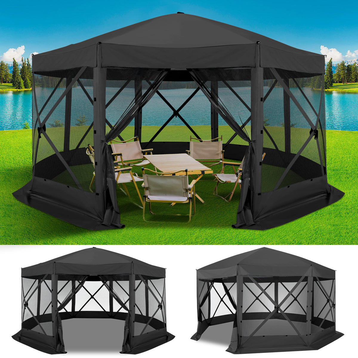 12X12Ft Pop-Up Canopy, Without Cloths, with Octagonal Mesh, One Person Can Quickly Build with a Handbag And Ground Pile, Suitable for Camping, Outdoor Activities