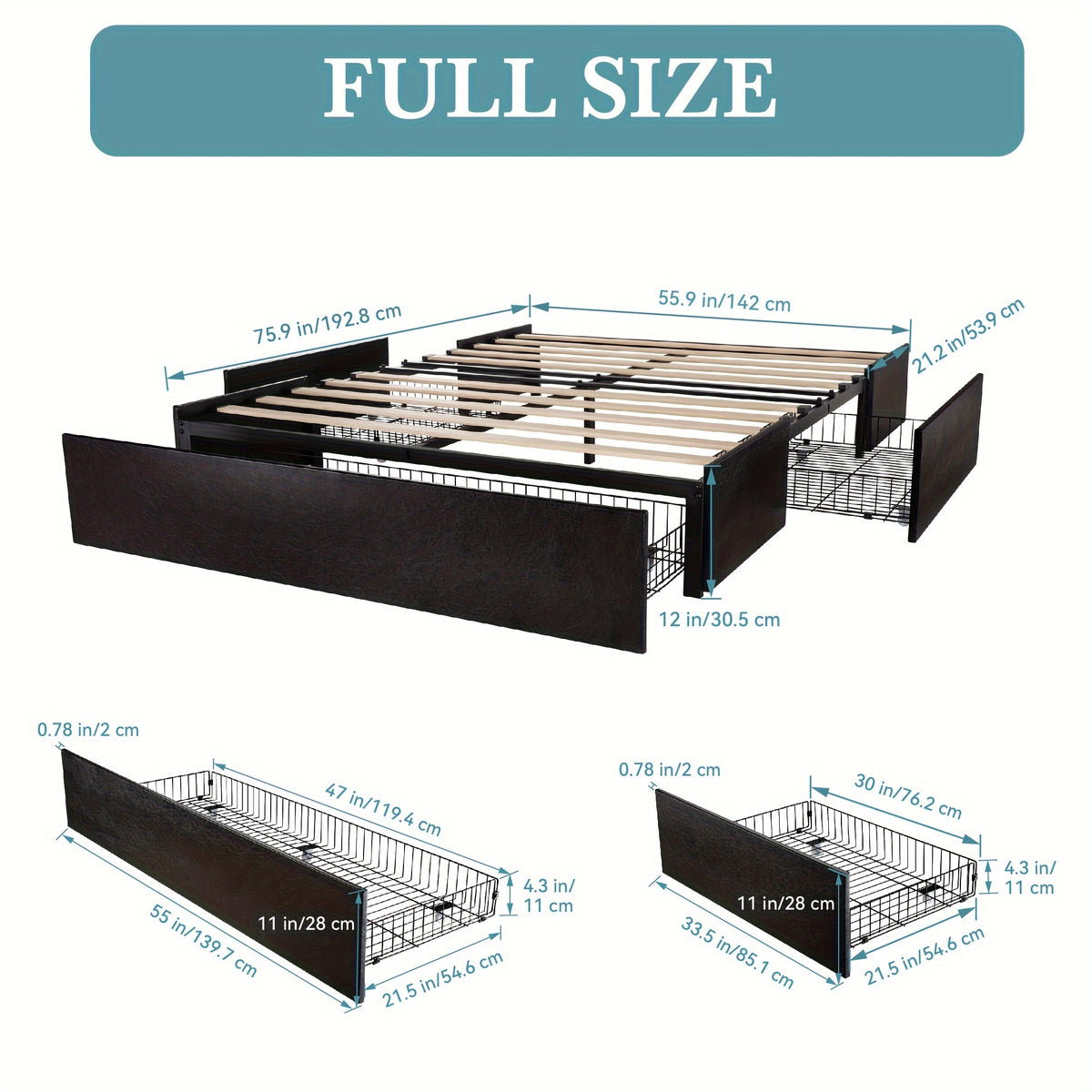 HOOMIC Full/Queen Size Platform Bed Frame with 3 Storage Drawers, Linen Fabric/Faux Leather Upholstered, Headboard Compatible, Wooden Slat Support, No Box Spring Needed, Noise Free, Dark Grey/Black