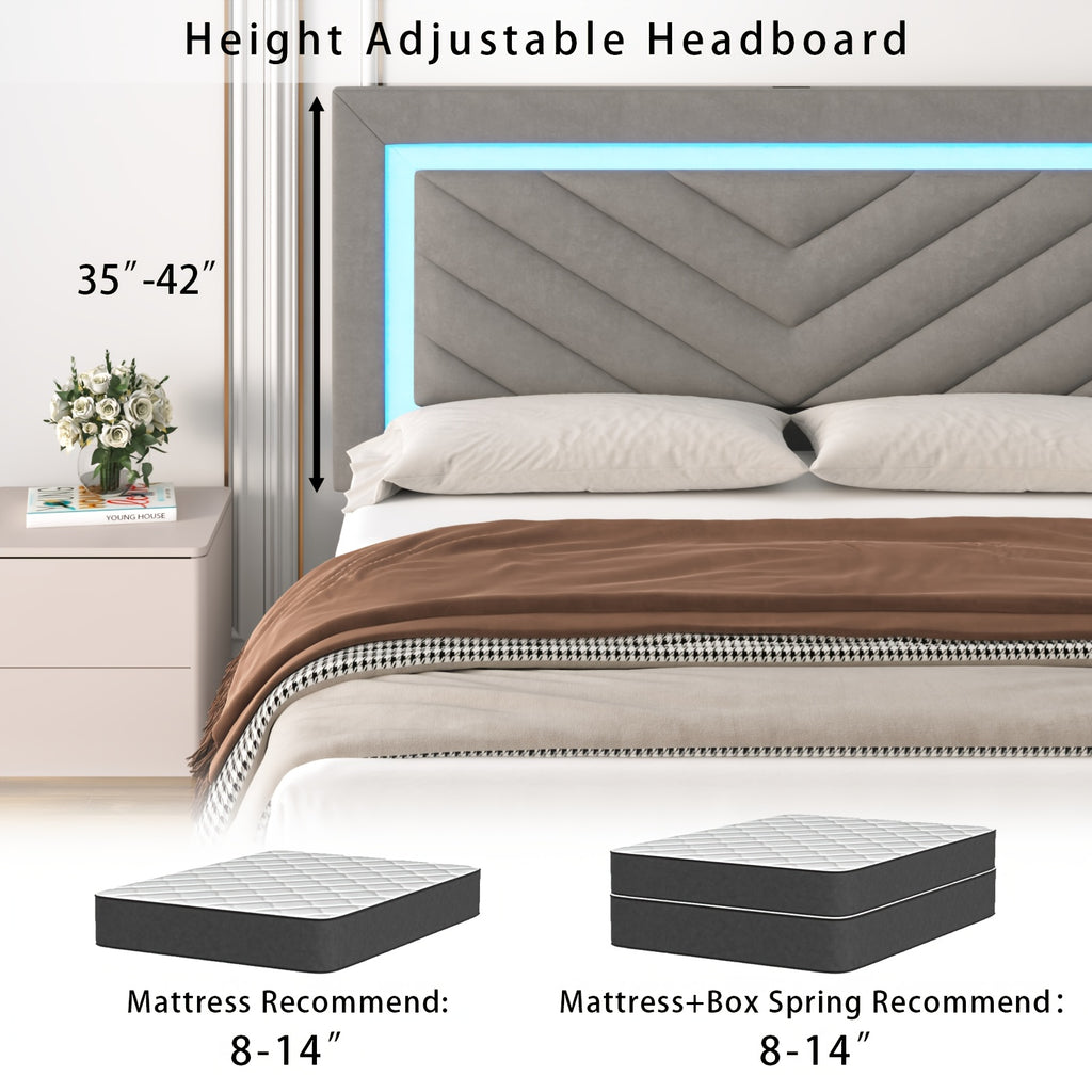 Platform Bed Frame with LED Adjustable Headboard, Upholstered Bed Frame with Storage Drawers And Charging Station, Twin, Full, Queen, No Box Spring Needed, Noise Free