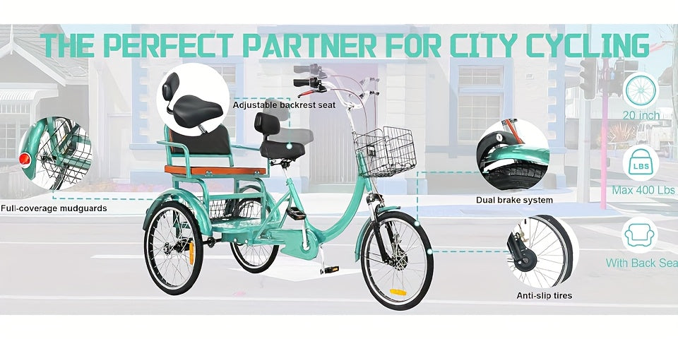 Adult Tricycle 20-Inch Cruiser Bike, Low-Step Design with Adjustable Seat and Front/Rear Baskets