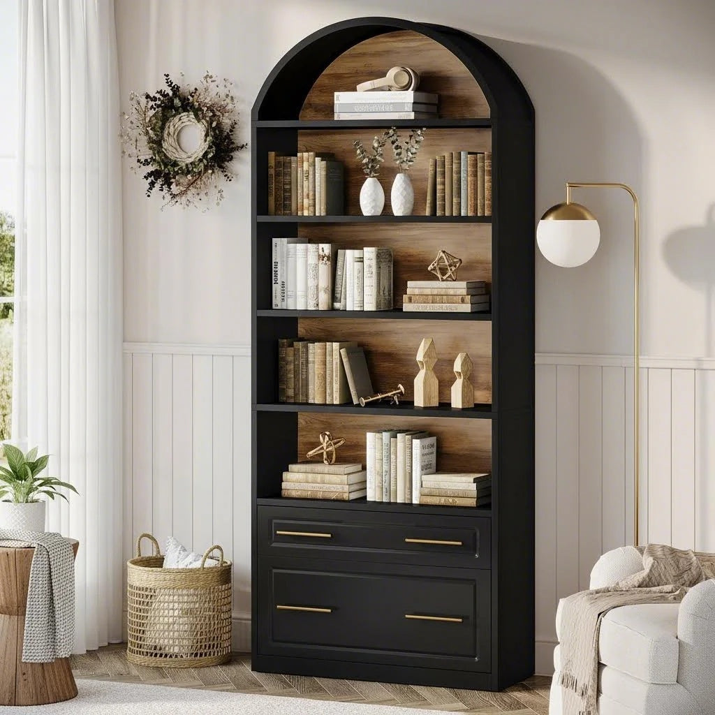 BYBLIGHT 76.8" Tall Arched Bookcase, Modern Freestanding Wooden Bookshelves, 5-Tier Bookshelf with File Cabinet Drawer, Large Open Display Storage Shelves, for Home Office Living Room, Assembly Required, Multiple Colors Available