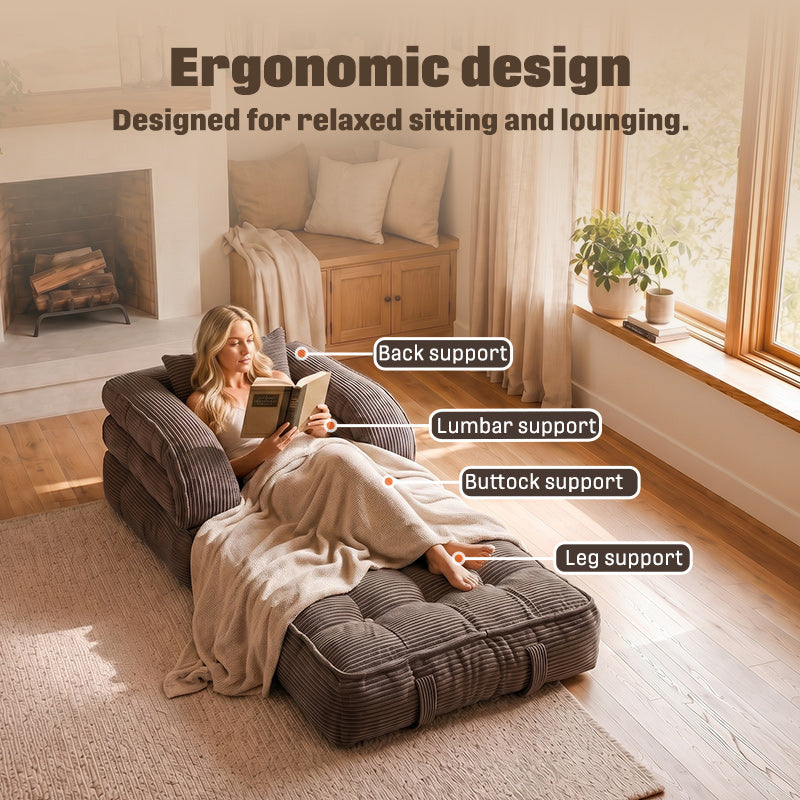 3-in-1 Convertible Folding Sofa Bed, Floor Futon Couch Cloud Shaped Corduroy Upholstered, High-Density Foam Ultra-Soft Comfy Lounge Bean Bag Chair, Versatile Pull-Out Sleeper for Living Room Guest