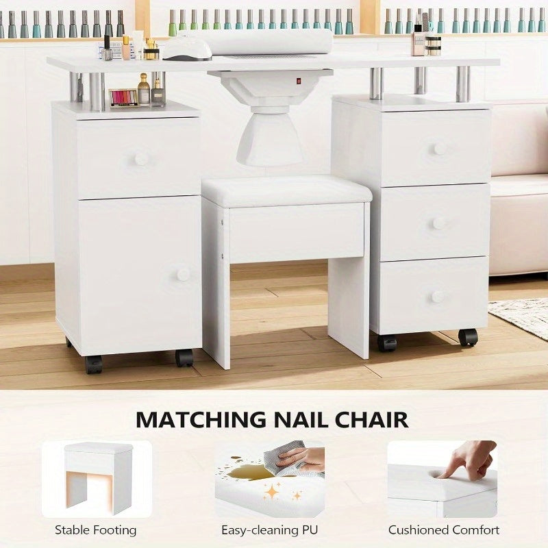 Professional Nail Desk and Chair Set with Stool - Heavy-Duty Mobile Manicure Station w/Dust Collector, Acetone-Resistant Desktop, 4-Wheel Rolling Cart & Storage Drawers - Heavy-Duty Nail Tech Table for Salon, Home, or Spa - (White/Black/Lavender/Mint Gree
