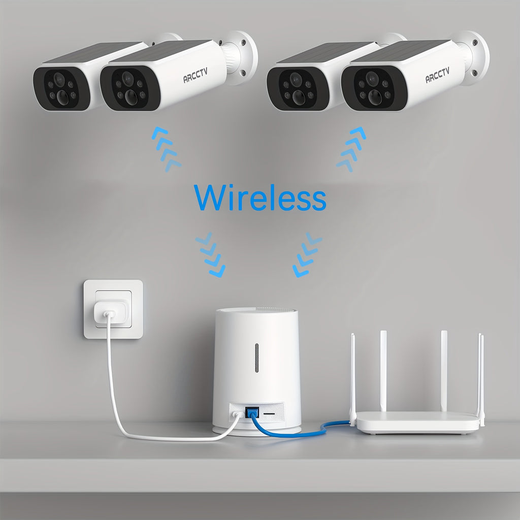 ARCCTV Cam 4-Cam Kit, Security Camera Outdoor Wireless, 2K Camera with Integrated Solar Panel, Forever Power, Smart Siren & Spotlights, 2-Way Audio, App-Controlled (Wi-Fi), 4MP Face Recognition AI, 5G & 2.4 GHz Wi-Fi, No Monthly Fee