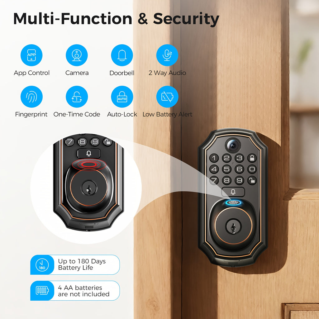 Smart Keypad Door Lock - Keyless Entry Door Lock - Front and Rear Locks and Doorbell - Remote Control, Fingerprint, Two-Way Voice Video and Call, Photo, Recording, APP Control, Voice, 150 Code Smart Deadbolt Lock - Anti-Peeping Password
