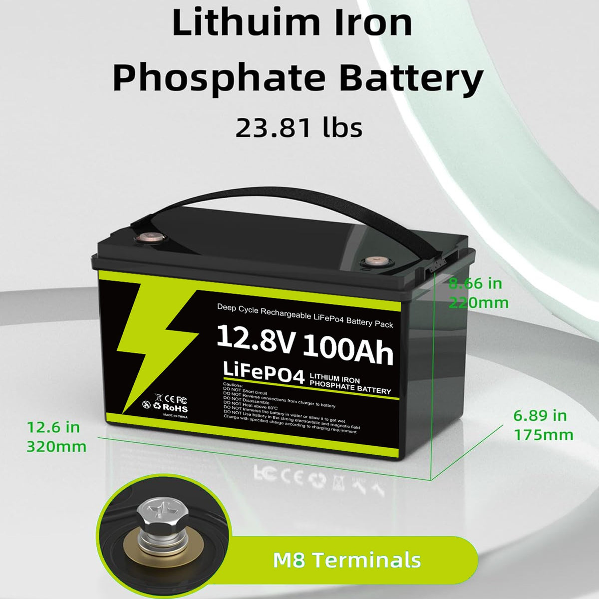 12V 100Ah LiFePO4 Lithium Battery RV Deep Cycle Battery, Built-in 100A BMS, IP65 waterproof and dustyproof, 1280WH Power Output for RV, Solar Power System, Marine, Home Energy Storage and Off Grid 8000 Deep Cycle Group 31 Battery with Maintenance-Free, 3%