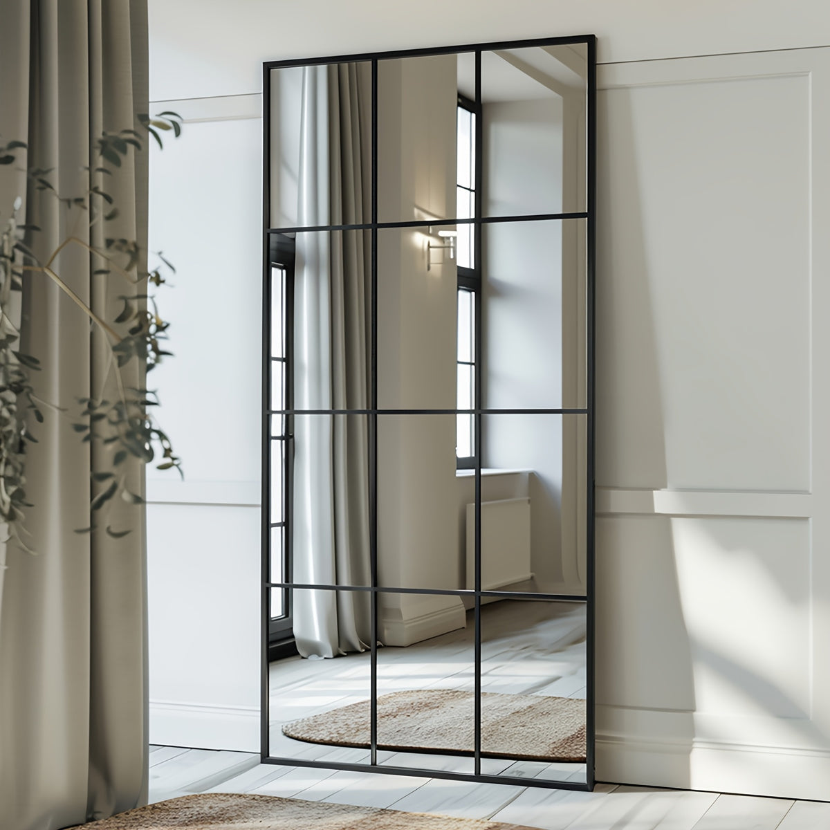 Windowpane Floor Mirror, Oversized Black Rectangular Grid Design for Bedroom, Living Room, or Entryway Decor