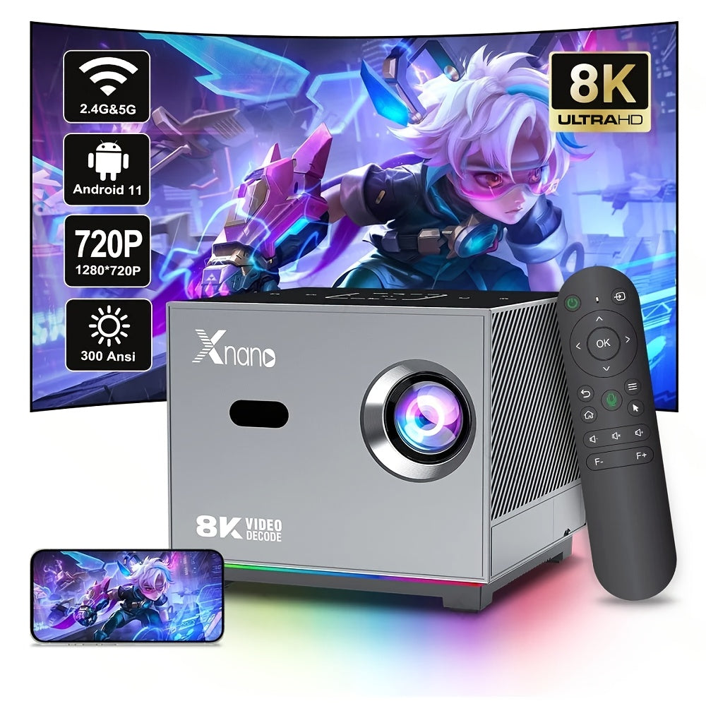 Mini Smart Full HD Projector, Native 720P Support 8K, Portable Projector with WiFi 6 & Wireless 5.2, Featuring Android 13.0, with RGB Lighting Effect, for Bedroom Home Entertainment, Projector for Phone Or Tv