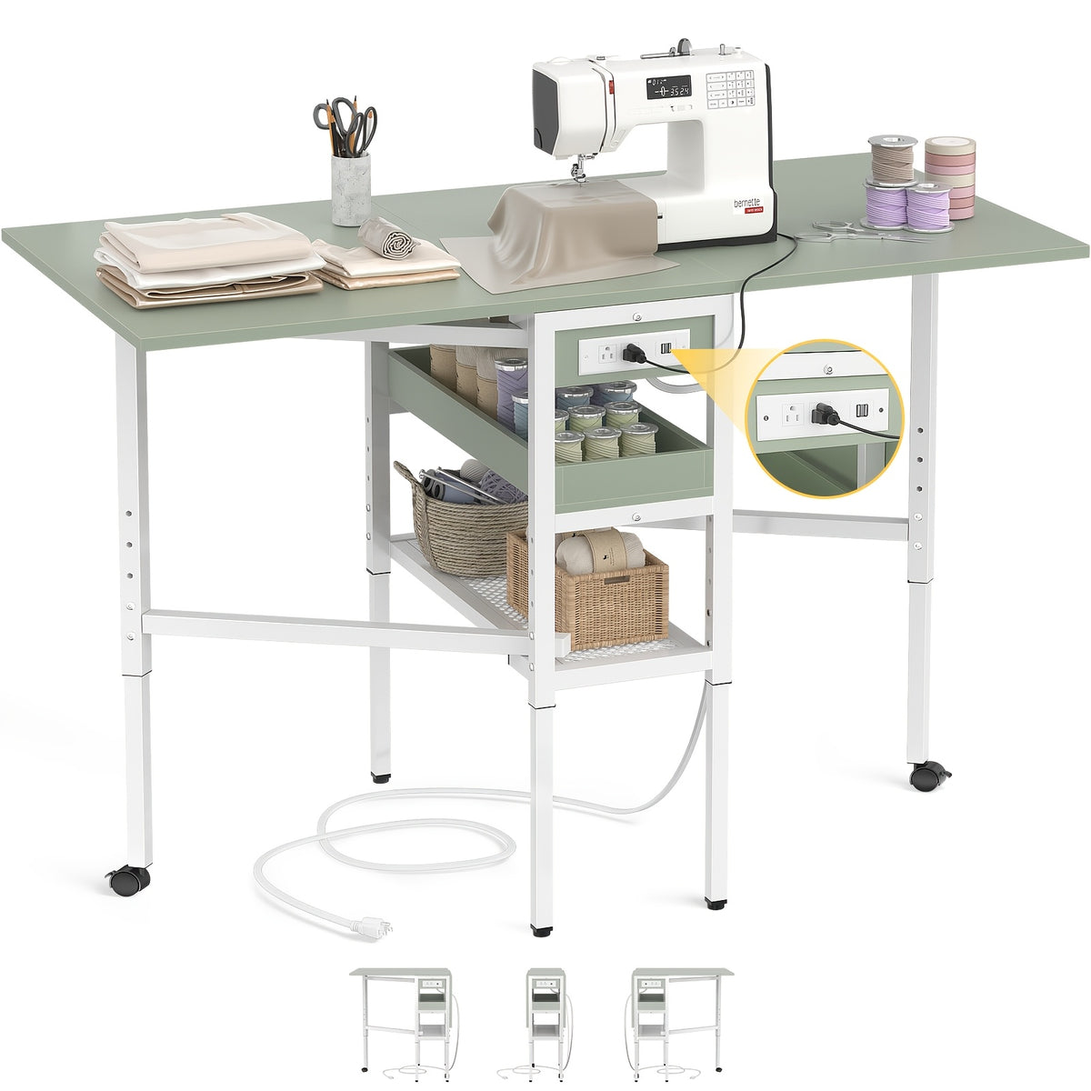 50" Foldable Sewing Cutting Table | Height Adjustable Craft Table with Charging Station and Storage, Metal Frame, Mixed Color, Plug Powered - BESIOIST