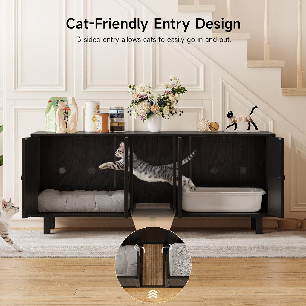 [Cat Litter Box Enclosure] 59 Inches Cat Litter Box Enclosure for 2 Cats, Hidden Litter Boxes Furniture with Cat Scratch Pad, Large Indoor Cat House with Double Room, Wooden TV Stand Side Table, Black