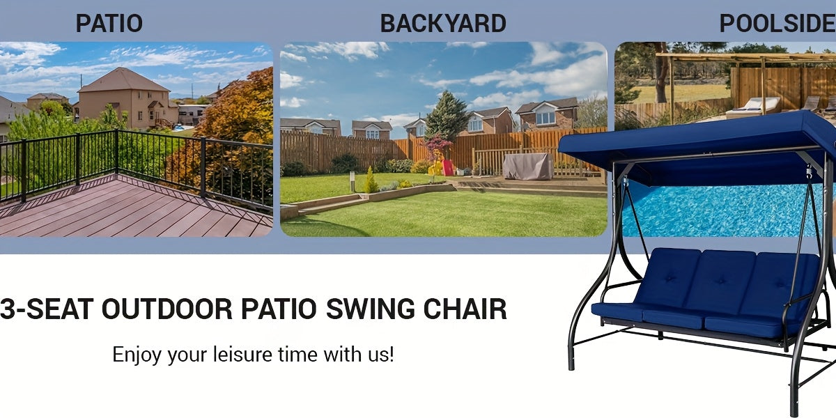 3 Person Patio Porch Swing Outdoor Converting Swing Glider Hammock with Adjustable Canopy, Cushions for Outside Backyard, Garden(Pillow Not Included)