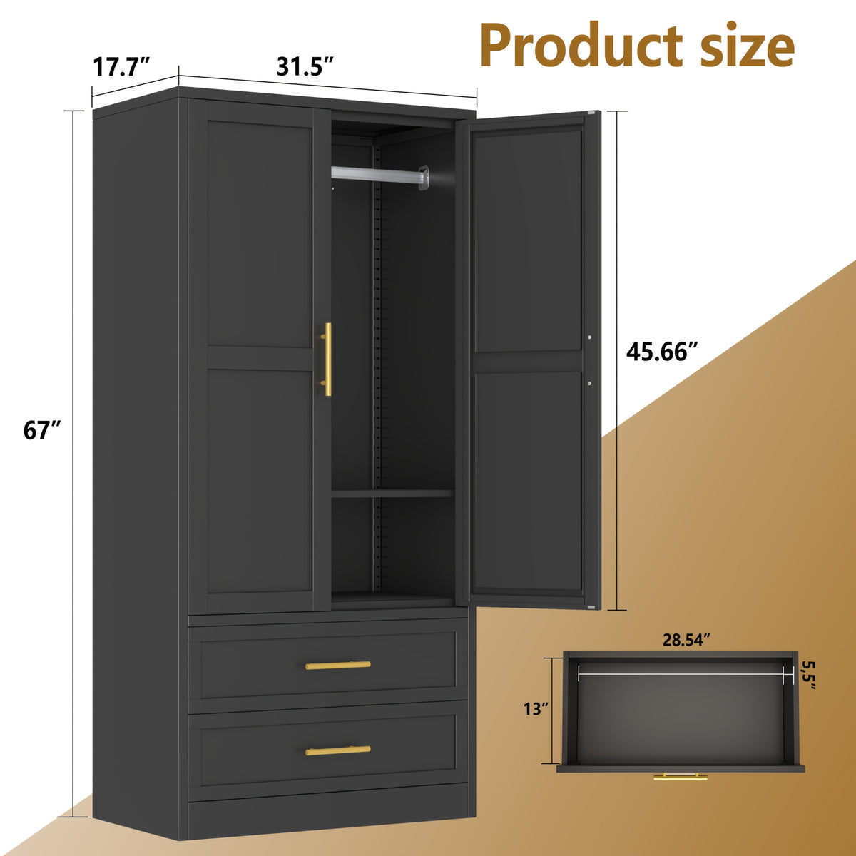71" Metal Armoire with 2 Doors, Hanging Rod, 2 Drawers And Adjustable Shelf - Clothing Storage Cabinet for Bedroom, Gym, Cloak Room