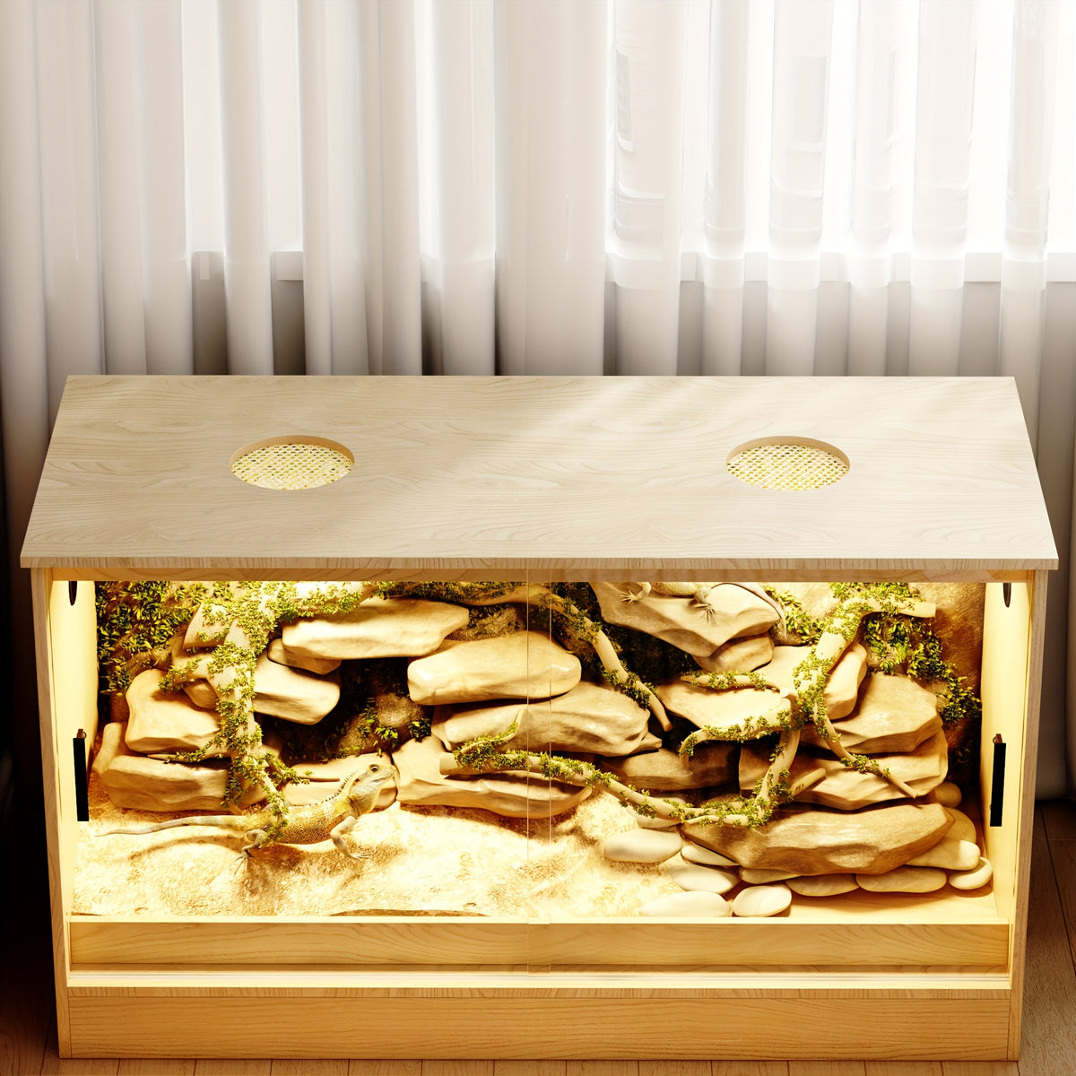 Large Reptile Enclosure with Sliding Glass Doors, Ventilated Terrarium Cabinet with Dual Air Vents, Easy Access Design, for Reptiles And Amphibians, Oak