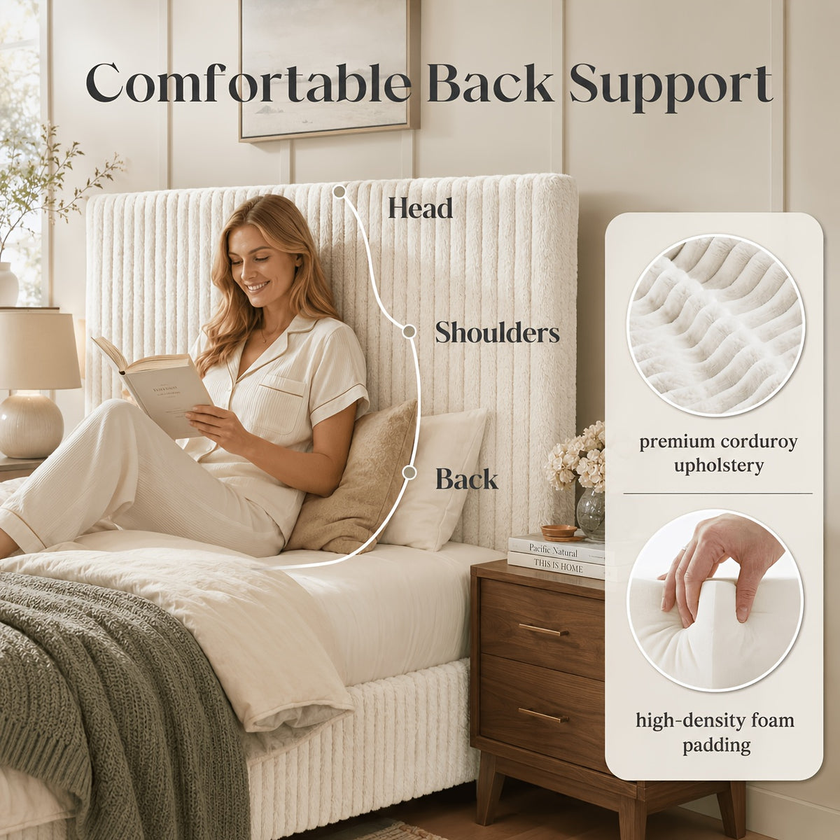 Platform Bed Frame with Upholstered Corduroy Headboard, Fully Padded 3.5" Thick Gap-Free Design, Heavy Duty Metal Slats, No Box Spring Required