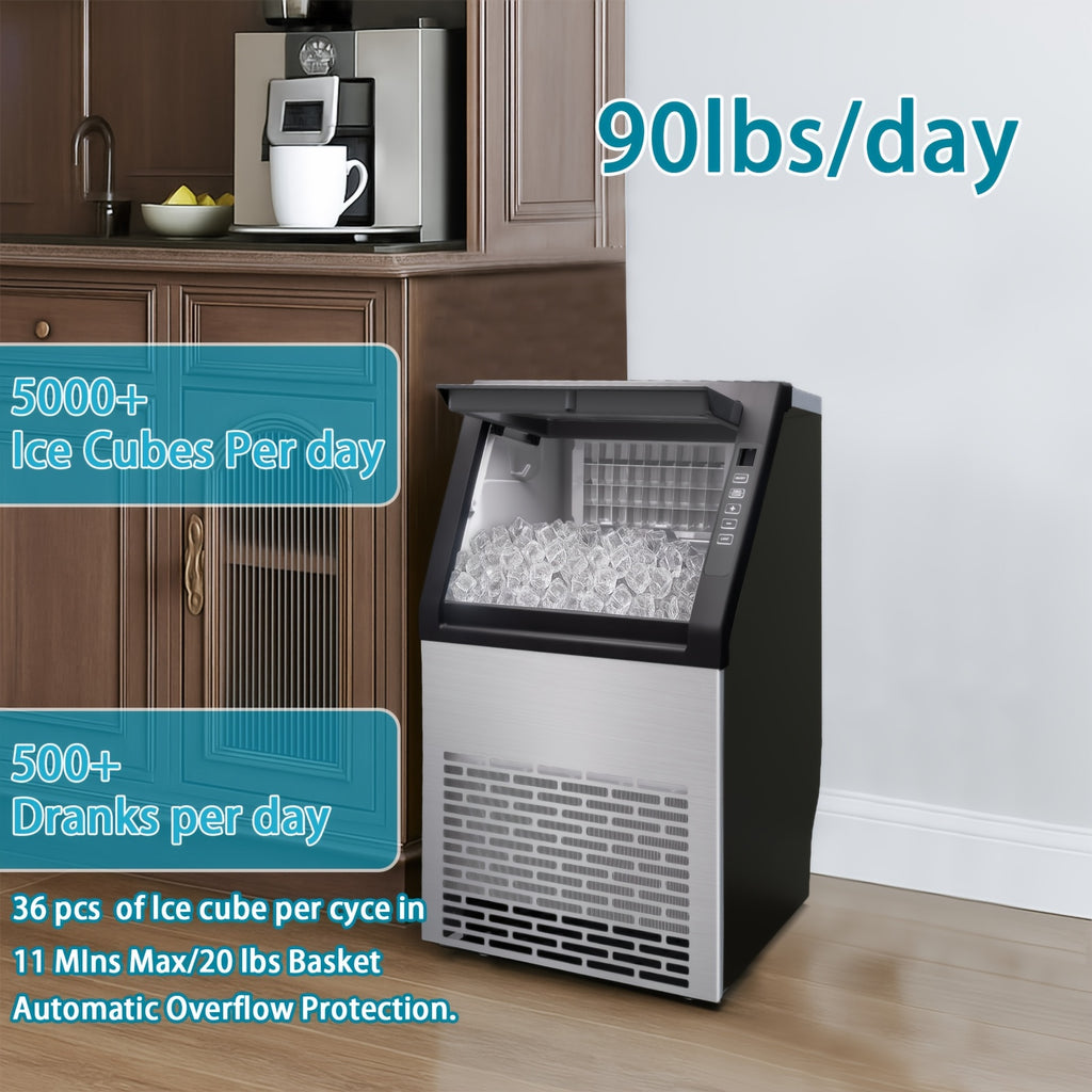 110 Lbs/24H Commercial Ice Maker, 36 Cubes/11Mins, Countertop Self-Cleaning Ice Maker, Stainless Steel Freestanding Machine, Ideal for Home Kitchen, Restaurant, Party