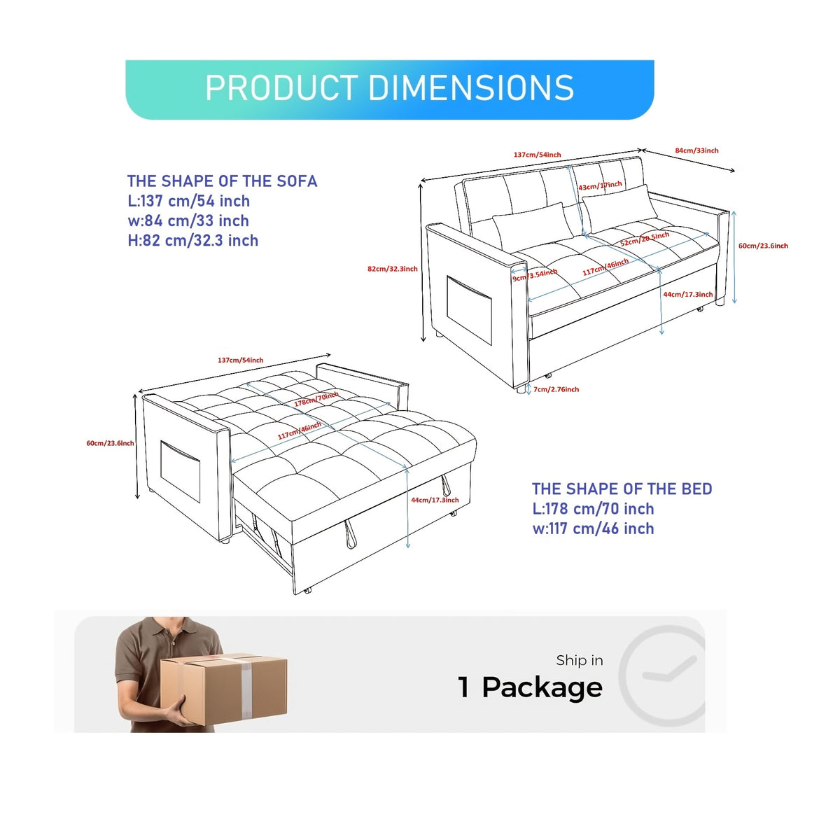 3-in-1 Convertible Sofa Bed, 54-inch Striped Velvet Pull-out Sofa Bed with Adjustable Backrest And 2 Pillows, Small Double Lounge Sofa Suitable for Small Spaces