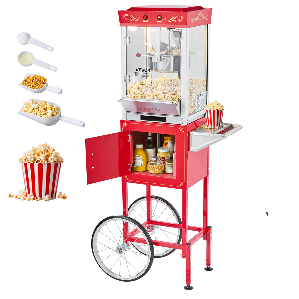 VEVOR Popcorn Machine with Cart Popcorn Popper Maker 800W 8oz Kettle 48 Cups Black/ Red/ White