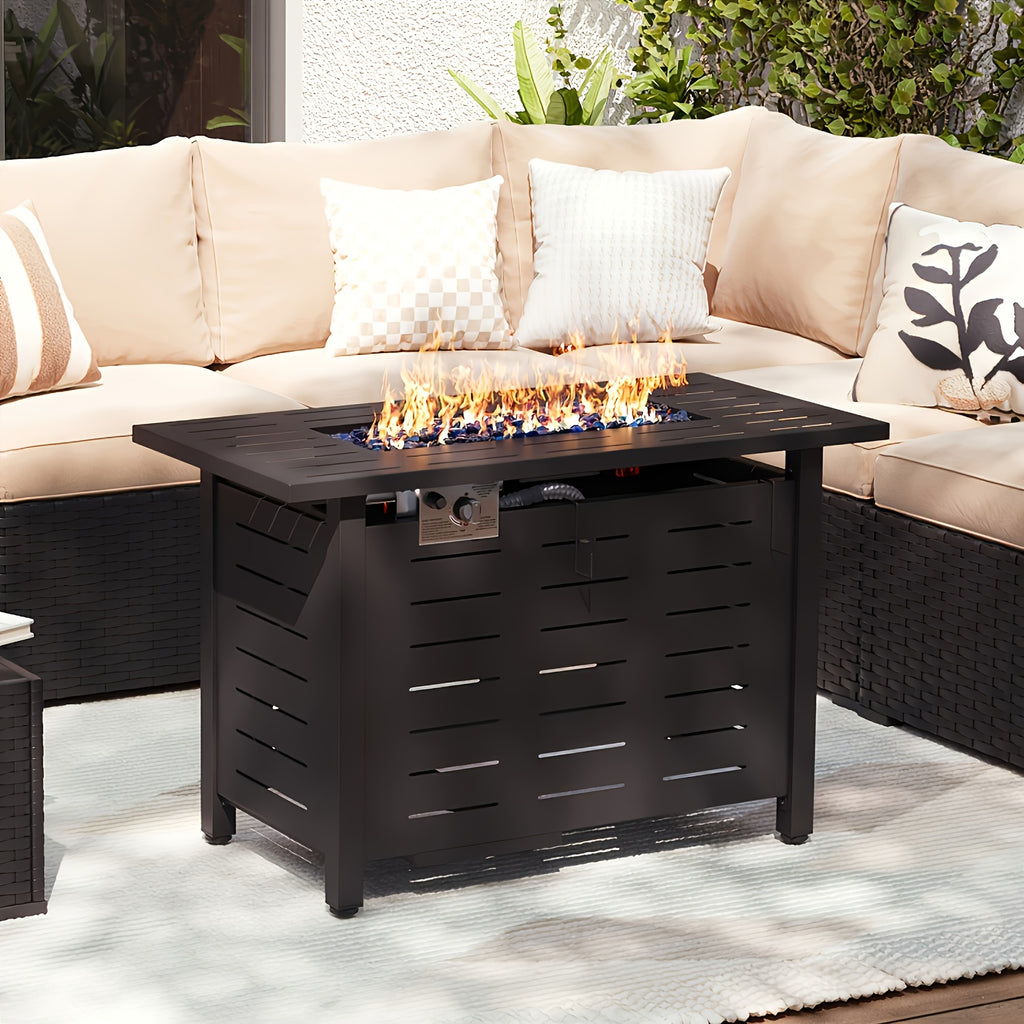 Nordivale 40"/44'' 50, 000 BTU Propane Fire Pit Outdoor - Rectangular Steel Gas Fire Table with Lid | Waterproof Cover Metal Black Firepit for Patio, Backyard, Deck (40", 44'', Black/Brown)