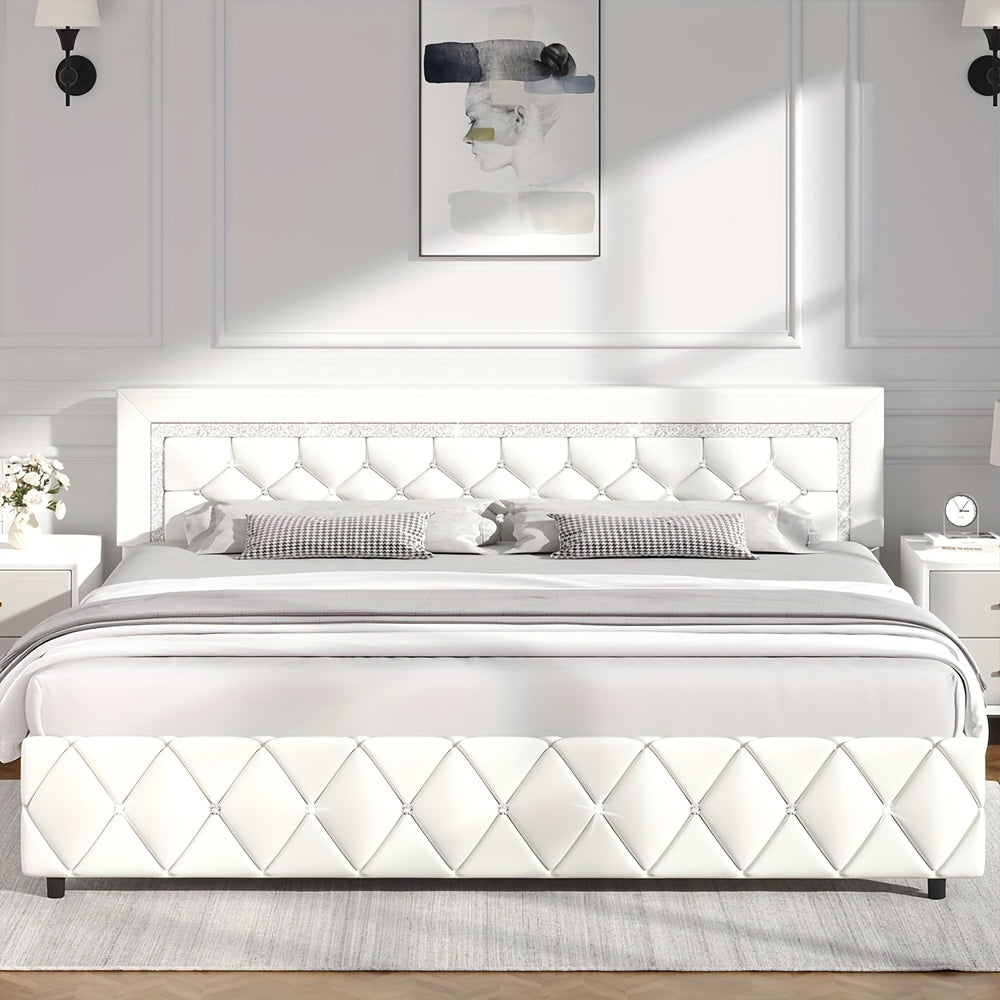 Halloween Twin Full Queen King Upholstered Bed Frame, Diamond Tufted Headboard, Faux Leather Bed Frame With Headboard & Footboard, Wooden Slats Support, No Box Spring Needed, Easy Assembly, Black/White/Pink/Green Christmas