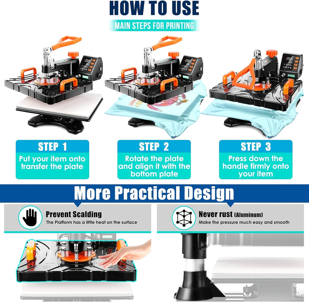 11pcs 8-in-1 - 15"x15"/12"x15" Heat Press Set for T-Shirts, Bags, Pillows, Hats, Beanies, Roller - 12"x10" T-Shirt Machine(Weight 25.35 Lbs) & 15"x15" Auto Single-Workbench & 15"x15" Auto Dual-Workbench Heat Press Only for Cloth, Shirts, Canvas Bags