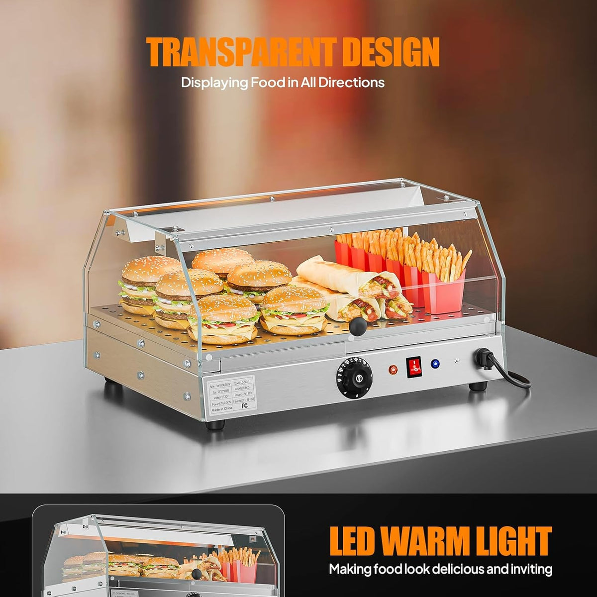 2-Tier Food Warmer Pizza Warmer Countertop, Food Warmer Display Pretzel Warmer with LED Lighting Front and Rear Doors, Electric Catering Hot Box Acrylic for Buffet Restaurant Cafe