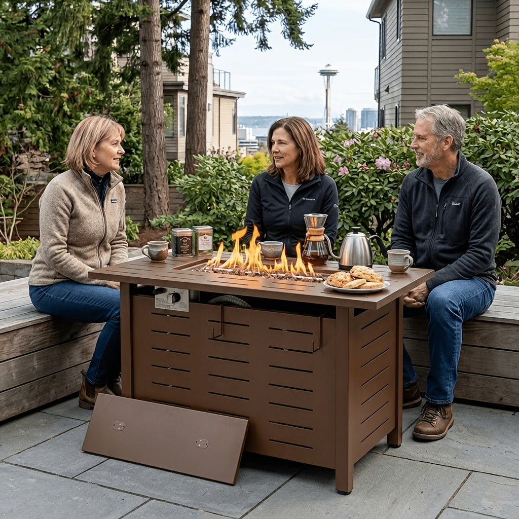 40"/44" Outdoor Propane Fire Pit Table - 50,000 BTU Gas Firepit with Ignition System, Powder-Coated Steel (Black/Brown) W/ Lid, Rocks & Waterproof Cover - Self- for Patio, Backyard, Deck - Propane Heater, BBQ Firewood-Free