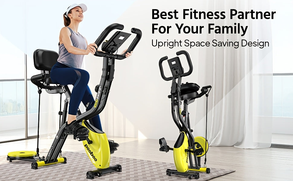 HASIMAN Foldable Indoor Exercise Bike for Home Gym Workout with Twister Disk And Arm Resistance Bands, Adjustable Resistance Fullybody Fitness Exercise Cycling