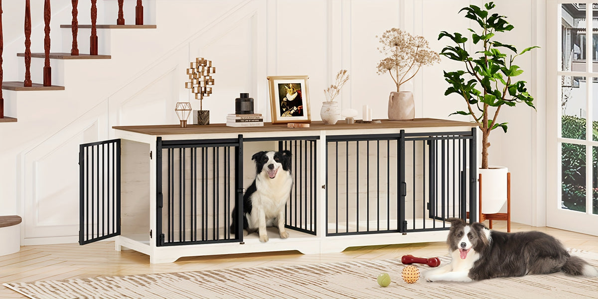 78" Dog Crate Furniture with Divider, Dog Crate Barn Door, Dog Kennel Indoor, Wood Dog Crate for 2 Dogs Small/Medium/Large Dog, End Side Table, Anti-Chew Anti-Escape