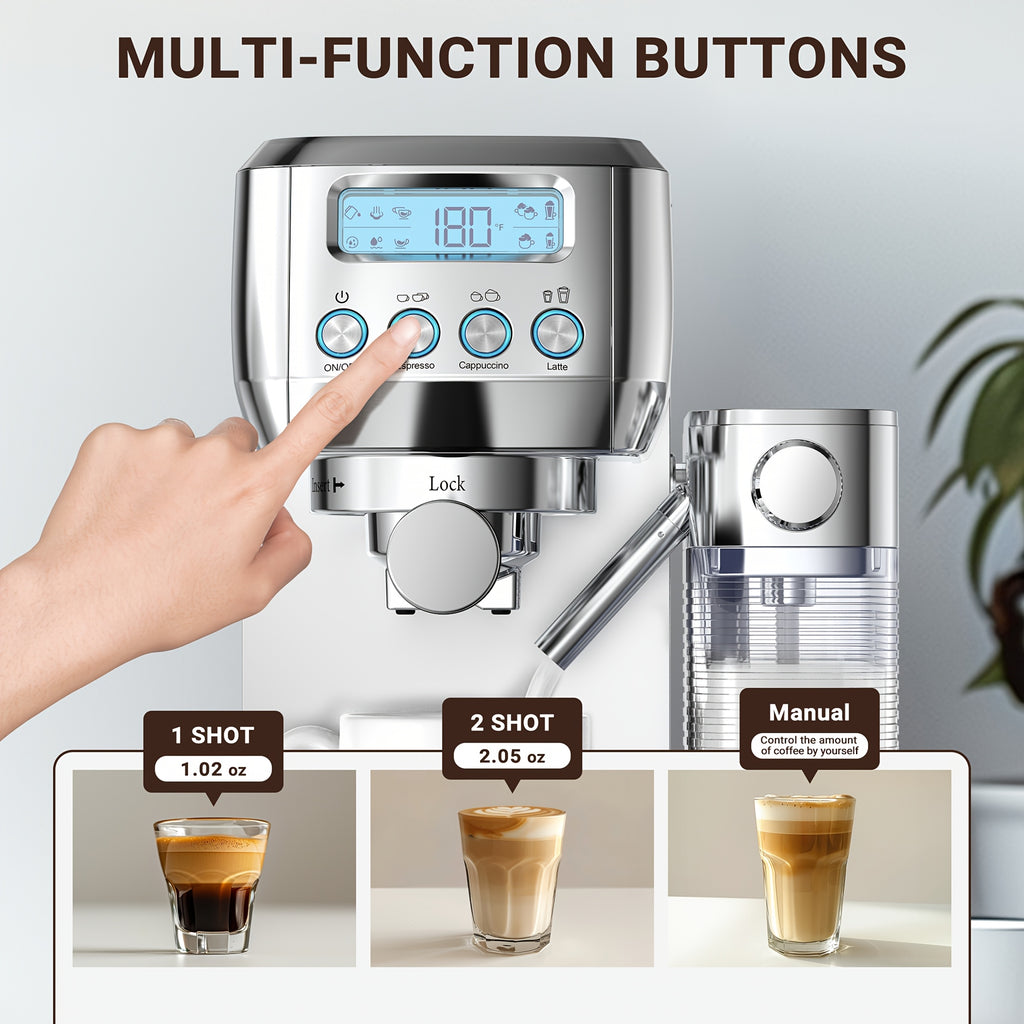 AMZCHEF Coffee Maker Machine 20 Bar, Dual Boiler Espresso Machine with Touch Control, Cappuccino Machines with Automatic Milk Frother, Latte Coffee Maker with Dual Wall And Filters, Gifts for Men/Family, Silver