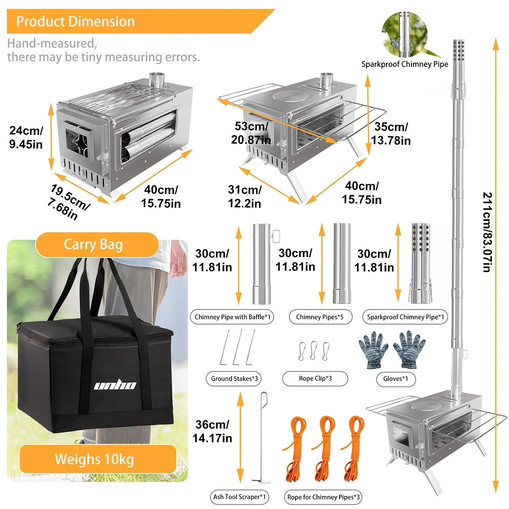 Portable Heavy-Duty Stainless Wood Burning Camp Stove - Outdoor Tent & Backyard Fire Pit with 7 Chimney Pipes, Ash Tool, Carry Bag & Ground Stakes - Adjustable Height, Fire-Resistant Window, Coal/Charcoal Compatible for Winter