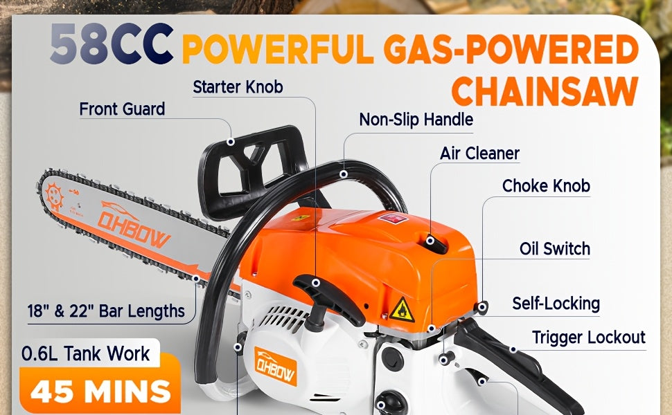 58Cc 2-Stroke Gasoline Chainsaw, Featuring Dual Quick-Switch Bars of 20 Inches And 18 Inches, a Portable Cordless Gasoline Chain Saw Ideal for Felling Trees, Cutting Firewood, Processing Wood, And Trimming Trees