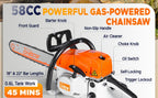 58Cc 2-Stroke Gasoline Chainsaw, Featuring Dual Quick-Switch Bars of 20 Inches And 18 Inches, a Portable Cordless Gasoline Chain Saw Ideal for Felling Trees, Cutting Firewood, Processing Wood, And Trimming Trees